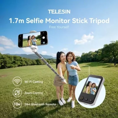 TELESIN Tripod HP Tongsis Monopod Preview Monitor Remote 1.7M - White